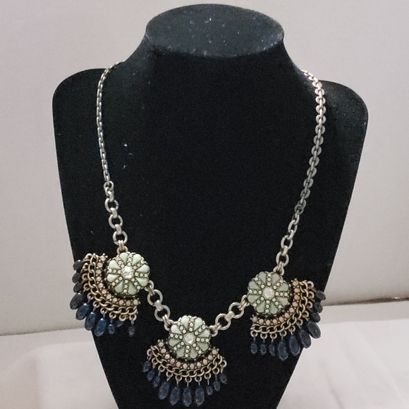 Beautiful Faux Turquoise,Navy Blue Beads, Clear Rhinestones  Bib Chunky Necklace - Picture 2 of 8